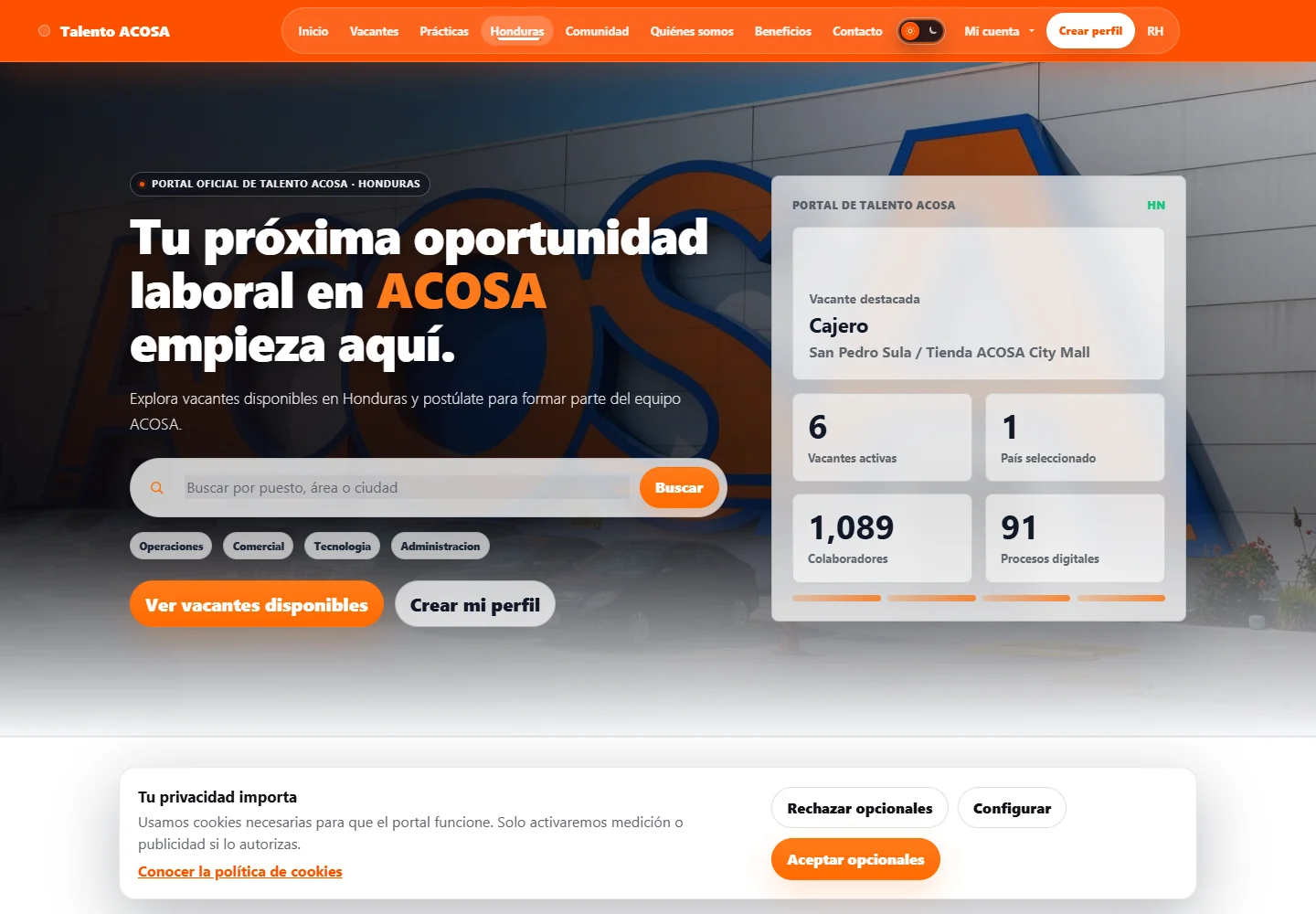 Vista del sitio web de Talento ACOSA